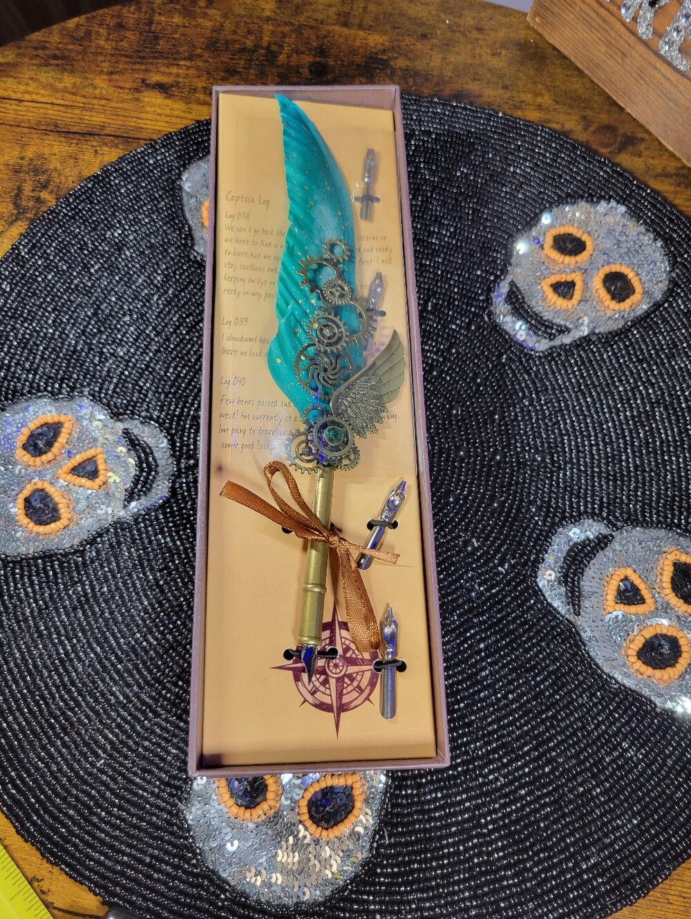 Steampunk style Teal Feather Dip Pen with Brass Accents